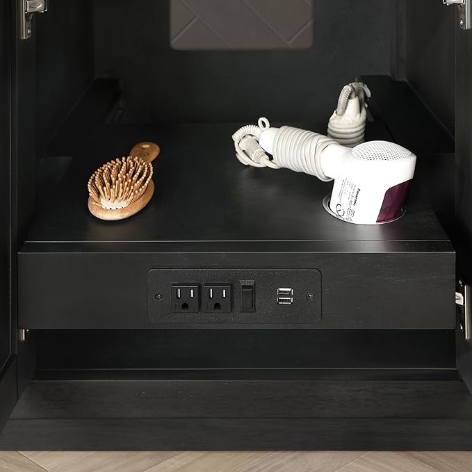OVE Decors Bailey 60 in. Double Sink Freestanding Matte Black Wood Bathroom Vanity with White Quartz Top, Matching Backsplash and Power Bar
