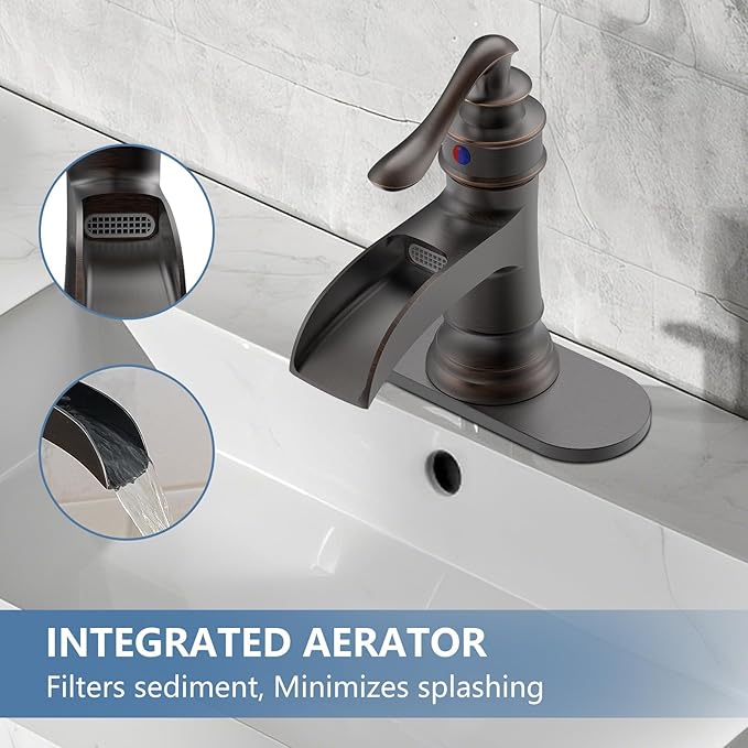 Waterfall Bathroom Faucet Oil Rubbed Bronze Sink with Pop Up Drain Stopper Faucets Single Hole Rustic Vanity Farmhouse Overflow One Handle Bath Black Commercial Assembly by Homevacious