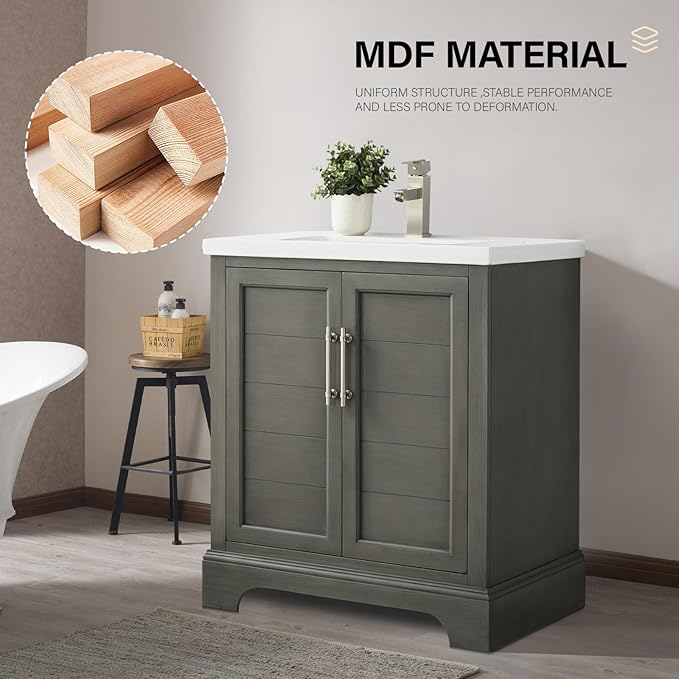 HOMEBEYOND 30 Inch Bathroom Vanity with Single Sink & Ceramic Top, Vanity Cabinet with Center Countertop Basin, Soft-Closing Doors,Sliver Grey