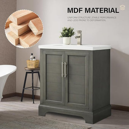 HOMEBEYOND 30 Inch Bathroom Vanity with Single Sink & Ceramic Top, Vanity Cabinet with Center Countertop Basin, Soft-Closing Doors,Sliver Grey