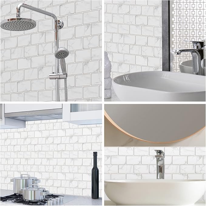 URCOLOR 10-Sheet Peel and Stick Backsplash Tile Sticker for Kitchen,12"x12" Self Adhesive Subway Wall Tiles Stick on Back Splashes for Bathroom White Marble Design