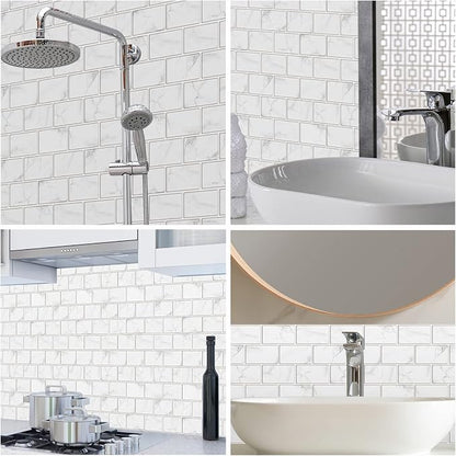 URCOLOR 10-Sheet Peel and Stick Backsplash Tile Sticker for Kitchen,12"x12" Self Adhesive Subway Wall Tiles Stick on Back Splashes for Bathroom White Marble Design