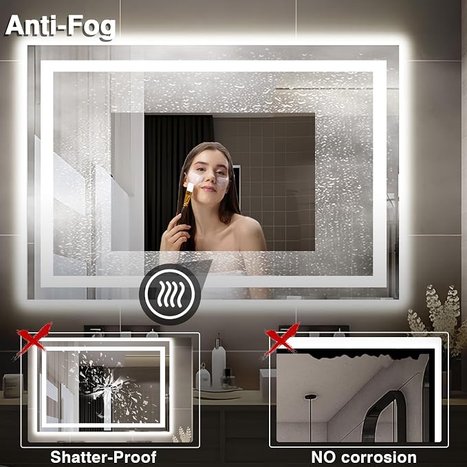 EchosLife 51"x40" Bathroom Light up Mirror | Backlit + Front Lit, Anti-Fog, Stepless Dimmable, 3 Colors, Memory, Tempered Glass, UL Listed, Horizontal/Vertical
