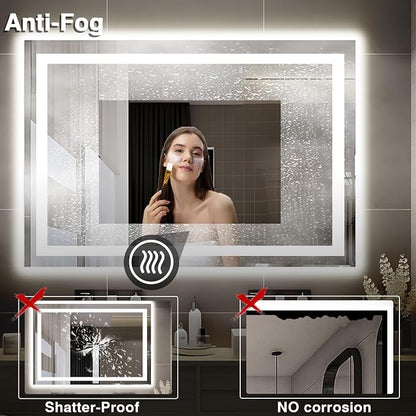 EchosLife 51"x40" Bathroom Light up Mirror | Backlit + Front Lit, Anti-Fog, Stepless Dimmable, 3 Colors, Memory, Tempered Glass, UL Listed, Horizontal/Vertical