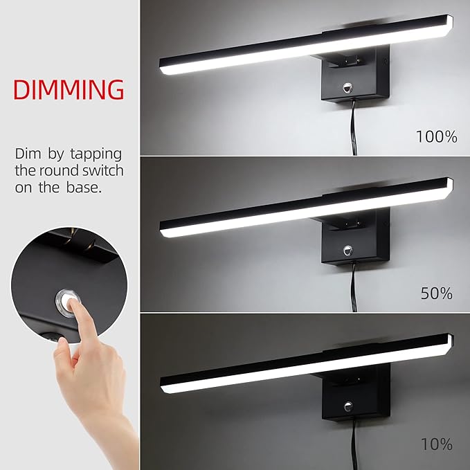 MantoLite Plug in Wall Sconces with Switch Dimmable 22inch LED Black Bathroom Wall Light Indoor Lightings Vanity Light with Ajustable Arm Bedside Reading Lamp, Pulg in Display Lamps 6000K 12W