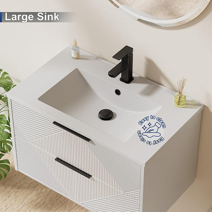 LUCKWIND 30" Floating Bathroom Vanity with Sink Combo, Wall Mounted Floating Cabinet with 2 Large Soft-Close Drawers & Water Saving Faucet, Geometric Textured Design in White