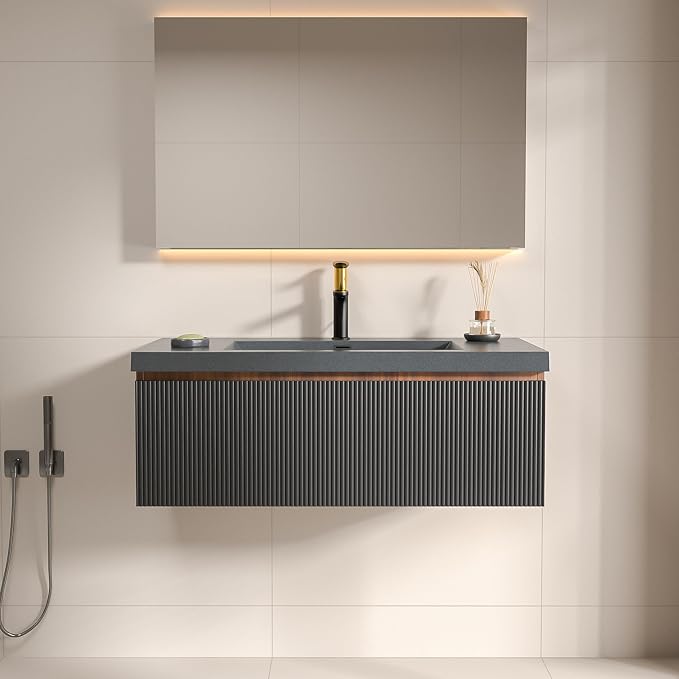 36 Inch Floating Bathroom Vanity with Sink, Modern Black Wall Mounted Floating Vanity with Scratch-Resistant Quartz Sand Basin, Soft Closing Drawers, Fully Pre Assembled Bathroom Vanity