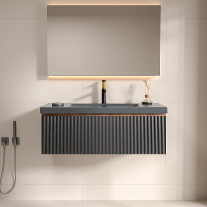36 Inch Floating Bathroom Vanity with Sink, Modern Black Wall Mounted Floating Vanity with Scratch-Resistant Quartz Sand Basin, Soft Closing Drawers, Fully Pre Assembled Bathroom Vanity