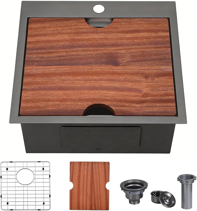 VCCUCINE 21x20 Inch Gunmetal Black Drop in Bar Sink Kitchen Sink Workstation,Topmount RV Small Kitchen Sink,16 Gauge Stainless Steel Wet Bar Sink,Outdoor Single Bowl,Prep Sink with Accessories