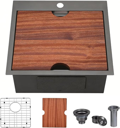 VCCUCINE 21x20 Inch Gunmetal Black Drop in Bar Sink Kitchen Sink Workstation,Topmount RV Small Kitchen Sink,16 Gauge Stainless Steel Wet Bar Sink,Outdoor Single Bowl,Prep Sink with Accessories