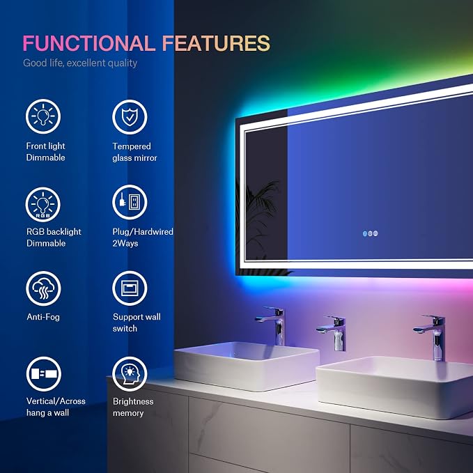60x36 Inch RGB LED Bathroom Mirror with Lights | Front and RGB Backlit, Dimmable, Memory, Anti Fog, Shatterproof, Horizontal/Vertical, Lighted Mirrors for Bathroom Wall