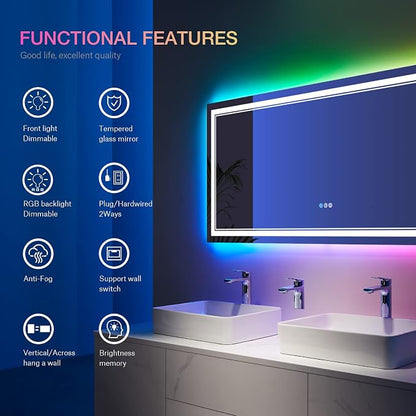 60x36 Inch RGB LED Bathroom Mirror with Lights | Front and RGB Backlit, Dimmable, Memory, Anti Fog, Shatterproof, Horizontal/Vertical, Lighted Mirrors for Bathroom Wall