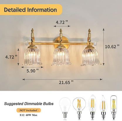 CVKASH 3-Light Bathroom Vanity Light Fixtures Over Mirror,Brushed Gold Modern Vanity Lights with Glass Shade Vintage Wall Sconce for Bedroom Dressing Room Living Room Hallway Cabinet