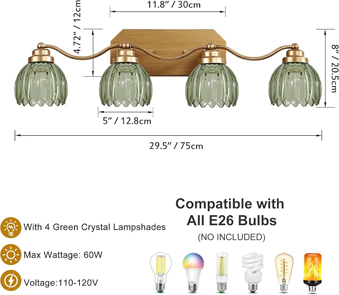 Gold Vanity Light, Vintage Tulip Green Glass Shade, Antique Brass Finish | 4 Light Brushed Gold Bathroom Light Fixtures, Crystal Wall Sconce, Mounted Over Mirror for Bedroom Hallway, Easy to Install
