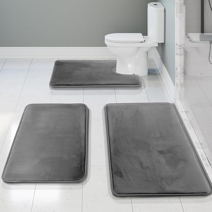 Clara Clark 3 Piece Bathroom Rugs, Velvet Memory Foam Bath Mat Set, Non-Slip Bath Rugs, Machine Wash, Dries Quickly, Ultra Soft Plush Bath Mats for Bathroom, 17 x 24/20 x 32 / Contour, Grey