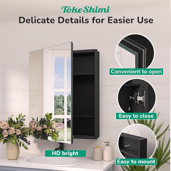 TokeShimi 16 x 24 Mirrored Medicine Cabinet Recessed or Surface Mount, Aluminum Tempered Black Bathroom Medicine Cabinet with Mirror with Adjustable Storage Metal for Modern Farmhouse