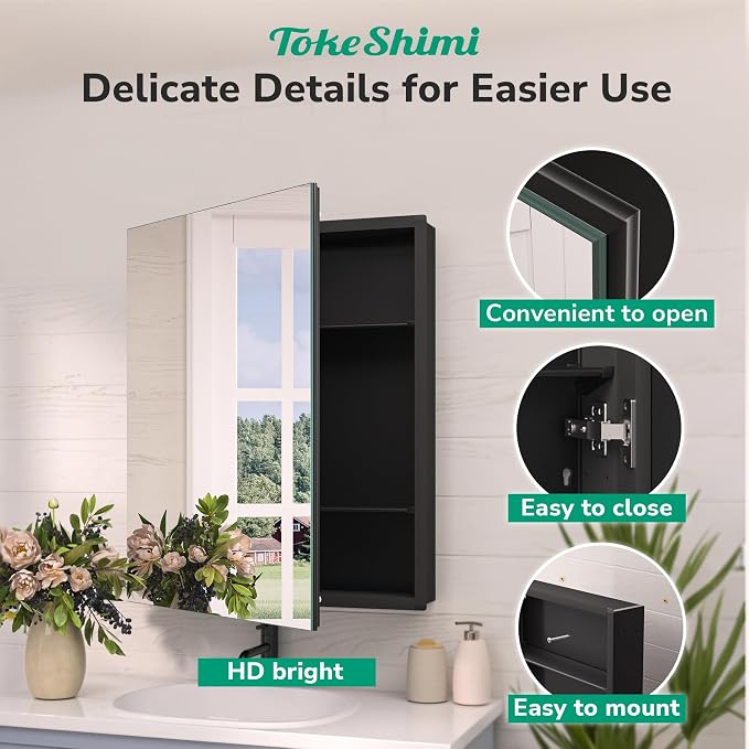 TokeShimi 14 x 18 Black Medicine Cabinet, Aluminum Mirror Medicine Cabinet Wall Mounted or Recessed with Stepless Adjustable Amply Storage