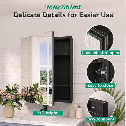 TokeShimi 14x24 Bathroom Mirror with Storage Tempered, Aluminum Black Recessed Medicine Cabinet with Mirror Frameless Stepless Adjustable Shelf, Surface Mount Medicine Cabinet for Bathroom