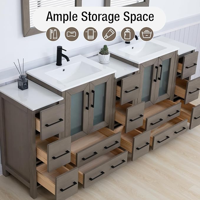 HOMEBEYOND 84 Inch Modern Bathroom Vanity with Sink & Mirror, Double Sink Vanity Cabinet with Basin and Mirror, Dove-Tailed Drawers, Soft-Closing Doors, Wood, Driftwood Gray