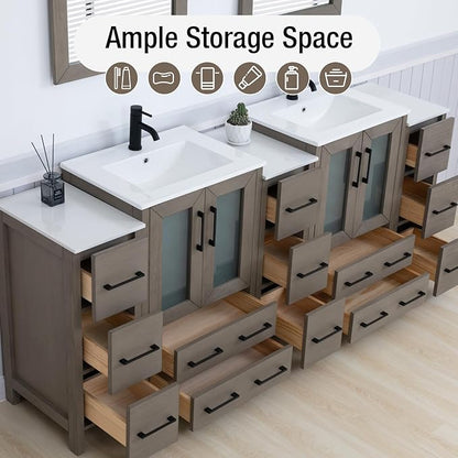 HOMEBEYOND 84 Inch Modern Bathroom Vanity with Sink & Mirror, Double Sink Vanity Cabinet with Basin and Mirror, Dove-Tailed Drawers, Soft-Closing Doors, Wood, Driftwood Gray