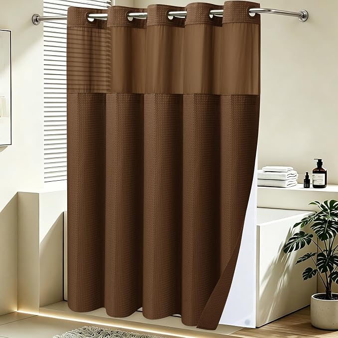 SORTTO No Hook Shower Curtain with Snap in Liner Set Waffle Shower Curtain for Bathroom Hotel Style Fabric Waterproof Inner Liner，71" W x 74" H, Brown