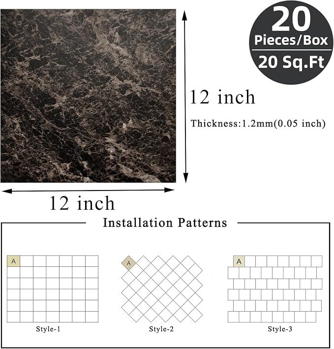Peel and Stick Floor Tile 12 x 12 Inch Self Adhesive Marble Vinyl Flooring | waterproof and removable sticker tiles, 20-pack covers 20 Sq. Ft, DIY tiles for bedroom, bathroom, kitchen and dining room