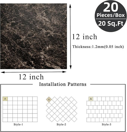 Peel and Stick Floor Tile 12 x 12 Inch Self Adhesive Marble Vinyl Flooring | waterproof and removable sticker tiles, 20-pack covers 20 Sq. Ft, DIY tiles for bedroom, bathroom, kitchen and dining room