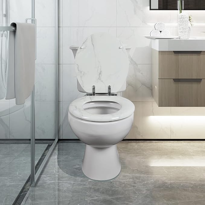Angel Shield Marble Toilet Seat Durable Molded Wood with Quiet Close,Easy Clean，Quick-Release Hinges (Round,White Marble)