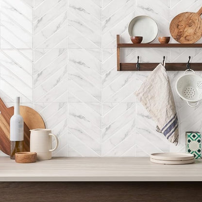 STICKGOO Herringbone Peel and Stick Backsplash, White Marble, 10 Sheets | 12.6 x 9.7 in, Thicker Rectangular Vinyl Stick-On Wall Tiles, Easy Alignment, Waterproof, Easy to Clean, Kitchen/Bathroom