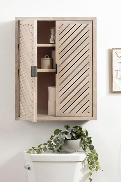 Kate and Laurel Mezzeta Decorative Coastal Two-Door Floating Bathroom Cabinet; 22 x 7 x 28; Whitewash; Decorative Over Toilet Storage Cabinet Made from Solid Mango Wood with Slatted Chevron Design