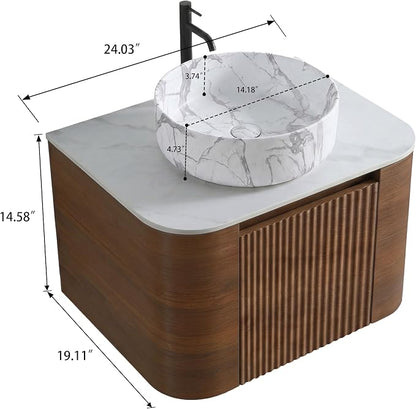 24" Preassembled Floating Bathroom Vanity with Carrara Finish Sink, Walnut | Mid-Century Modern Style, Fluted & Soft-Close Drawer with U-shaped Wall, Sinterted Stone Countertop, Towel Rack Included