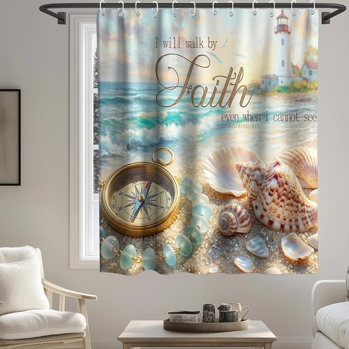 Cute Modern Beach Shower Curtain, Ocean Rustic Coastal Tropical Aesthetic Seashell Shower Curtains for Bathroom, Waterproof Bath Curtain with Hooks Machine Washable Bathtub Curtains 72x72 Inch Blue
