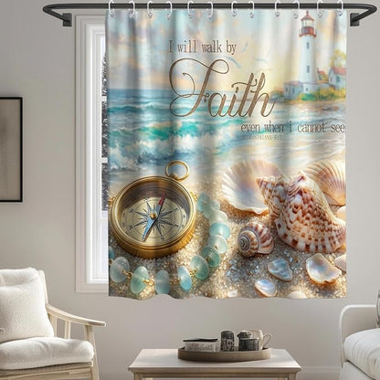 Cute Modern Beach Shower Curtain, Ocean Rustic Coastal Tropical Aesthetic Seashell Shower Curtains for Bathroom, Waterproof Bath Curtain with Hooks Machine Washable Bathtub Curtains 72x72 Inch Blue