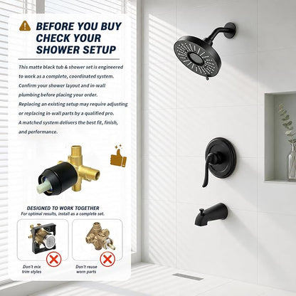 Tub Shower Faucet Set Valve Included with 6-Inch filter Rain Shower Head and Tub Spout Single-Handle Tub and Shower Trim Kit Matte Black
