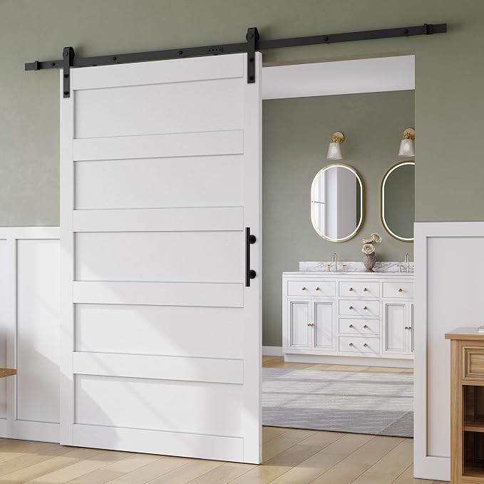 SMARTSTANDARD 48in x 84in Sliding Barn Door with 8FT Hardware Track Kit | Waterproof PVC Surface, Pre-Drilled Holes Easy to Assemble, Solid, MDF, White, 5-Panel