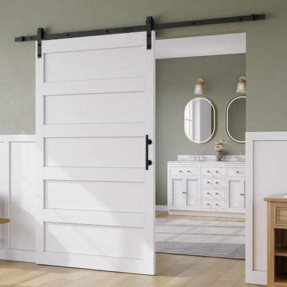 SMARTSTANDARD 48in x 84in Sliding Barn Door with 8FT Hardware Track Kit | Waterproof PVC Surface, Pre-Drilled Holes Easy to Assemble, Solid, MDF, White, 5-Panel