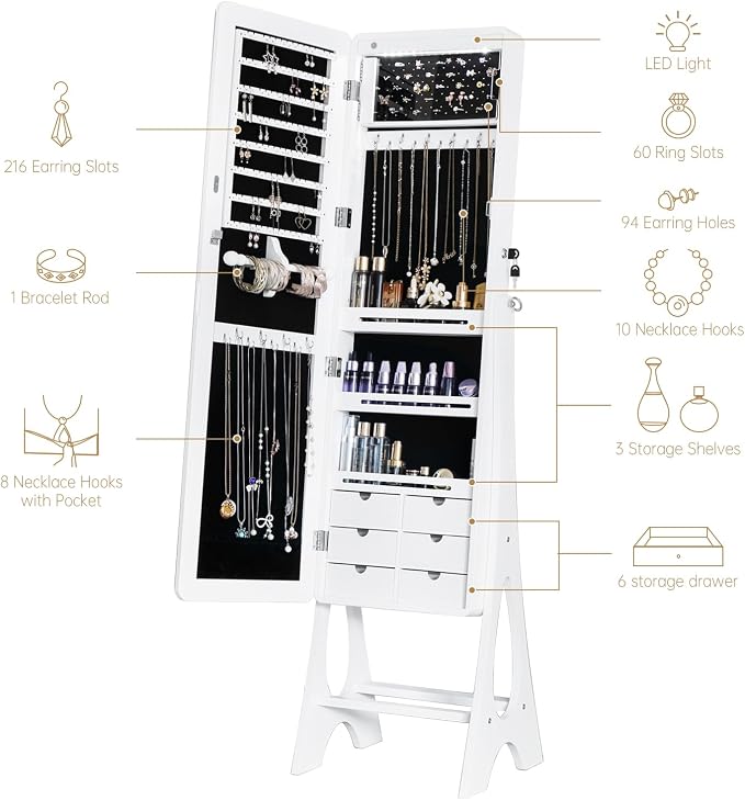 Full Length Mirror Jewelry Armoire Cabinet Standing Organizer | Lockable Jewelry Storage for Women Girl Full-Length Frameless LED Lights 6 Drawers White