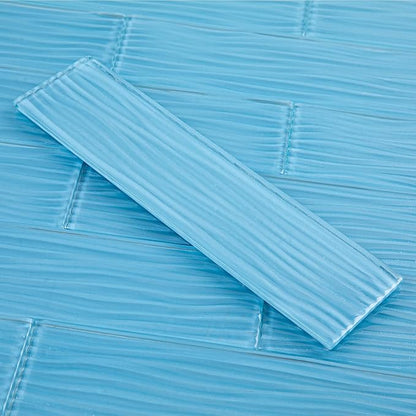 Light Blue Glass Subway Tile 3 x 12 Inch Water Ripple for Kitchen Backsplash Bathroom Wall (16-Pack, 4 sq.ft.)
