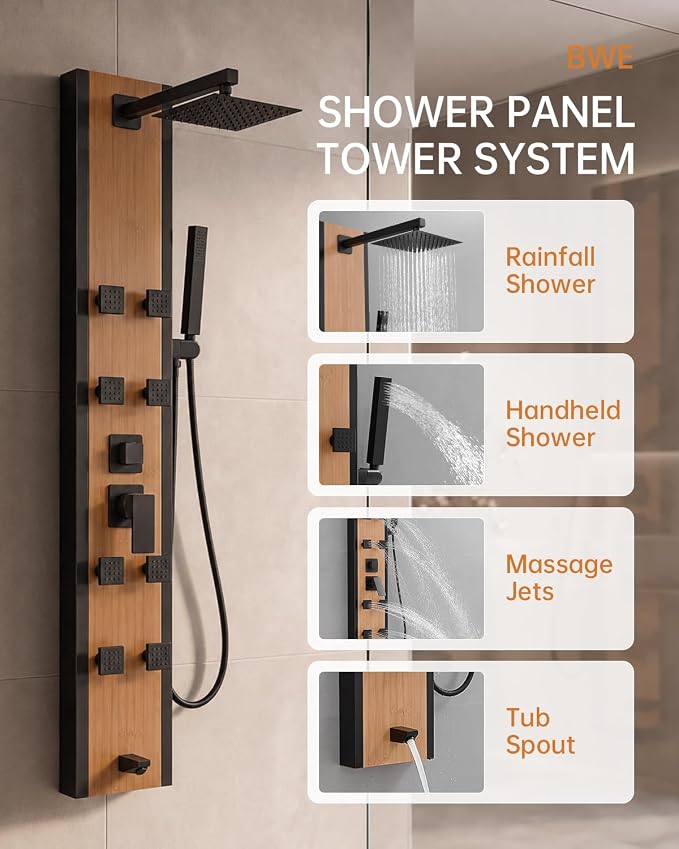 BWE Stainless Steel Shower Panel Tower System Black and Bamboo 8 Jets | Multi-Function Shower Panel System with Handheld Wand Wall Mount Shower Column Rainfall Shower Head Sprayer