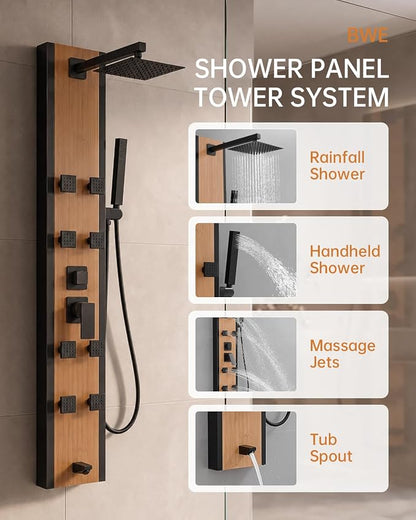 BWE Stainless Steel Shower Panel Tower System Black and Bamboo 8 Jets | Multi-Function Shower Panel System with Handheld Wand Wall Mount Shower Column Rainfall Shower Head Sprayer