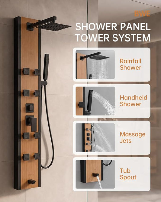 BWE Stainless Steel Shower Panel Tower System Black and Bamboo 8 Jets | Multi-Function Shower Panel System with Handheld Wand Wall Mount Shower Column Rainfall Shower Head Sprayer