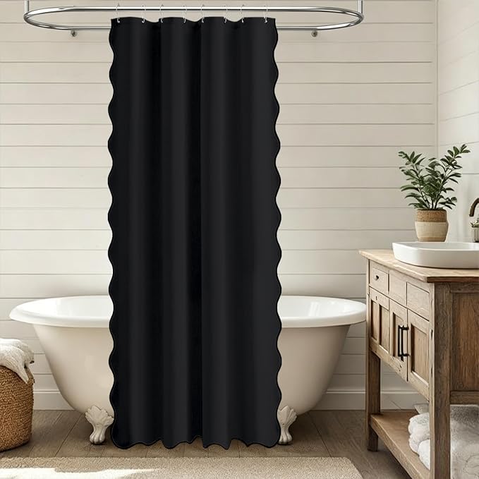 BTTN 48x72 Boho Scalloped Linen Textured Cloth Shower Curtain Set, Black | Stall Size, 230GSM Waterproof Polyester, Heavy Duty Fabric, 8 Plastic Hooks, Elegant Modern Farmhouse Style, Machine Washable