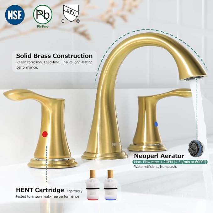 Bathroom Sink Faucet 8 Inch Widespread for Vanity, Brushed Gold | Mid Arc Brass Spout, 2 Handle Lead-Free Bathroom Faucet with Metal Pop Up Drain Supply Lines for 3 Hole Lavatory Utility Sink