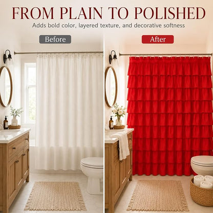 Red Ruffle Shower Curtain for Bathroom, 72x72, Cottagecore Rural Farmhouse | Cascading Layered Ruffles, Standard 72" x 72" Fits Most Tubs & Showers, 12 Hooks Inclouded, Machine Washable, Soft Microfiber