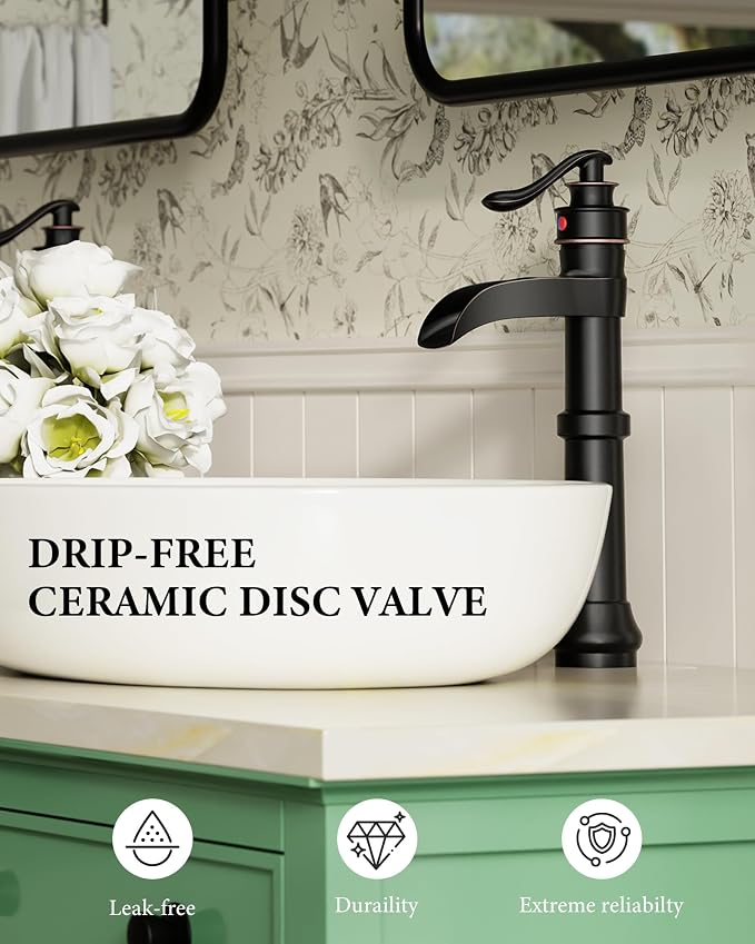 Homevacious Oil Rubbed Bronze Waterfall Vessel Sink Tall Black | Single Handle Bath Basin Farmhouse with Pop Up Drain Assembly Lavatory One Hole Mixer Tap Without Overflow