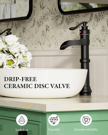 Homevacious Oil Rubbed Bronze Waterfall Vessel Sink Tall Black | Single Handle Bath Basin Farmhouse with Pop Up Drain Assembly Lavatory One Hole Mixer Tap Without Overflow