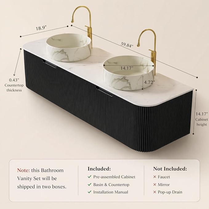 60 Inch Double Sink Bathroom Vanity, Floating Wall Mounted Cabinet, Black Curved Fluted Front, Stone Top, Dual Marble-Look Round Vessel Basins, Pre-Assembled