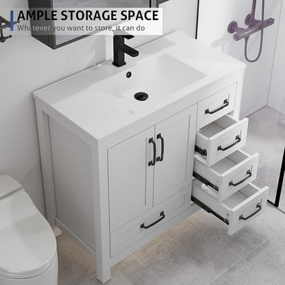LUCKWIND 36" Bathroom Vanity and Sink Combos, Modern Bathroom Storage Painted Cabinet with Undercounter Resin Single Sink Top, Matte Black Faucet and 5 Drawers, Mirror Not Included, White