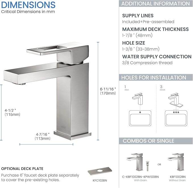 KBF1002 Solid Brass Single Handle Bathroom Sink Faucet | High Arc Cubic Spout Lavatory Faucet in Brushed Nickel | Corrosion-Resistant, Modern Design - Easy to Install