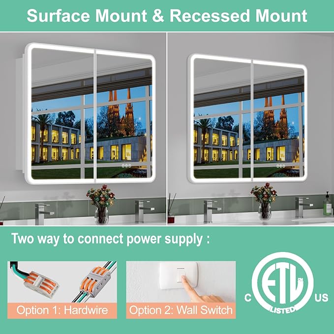 36x30 Inch Medicine Cabinet with Mirror, Recessed or Surface Mount Bathroom Medicine Cabinet with LED Lights, Anti-Fog, Memory Function, Adjustable Shelf, Dimmable Light, ETL Listed, White